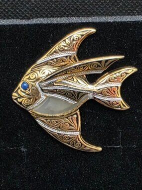 Vintage Spain Damascene Angelfish Jelly Belly Brooch Pin